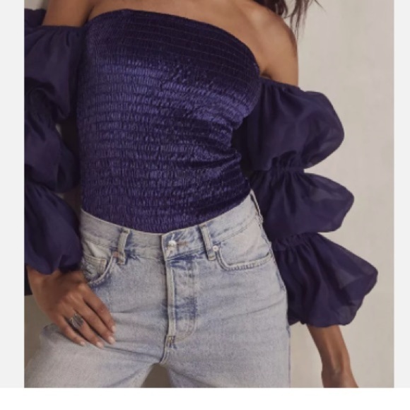 Free People Tops - Free People girls Just Wanna Bodysuit Sz M Navy Smocked Puff Sleeve Velvet